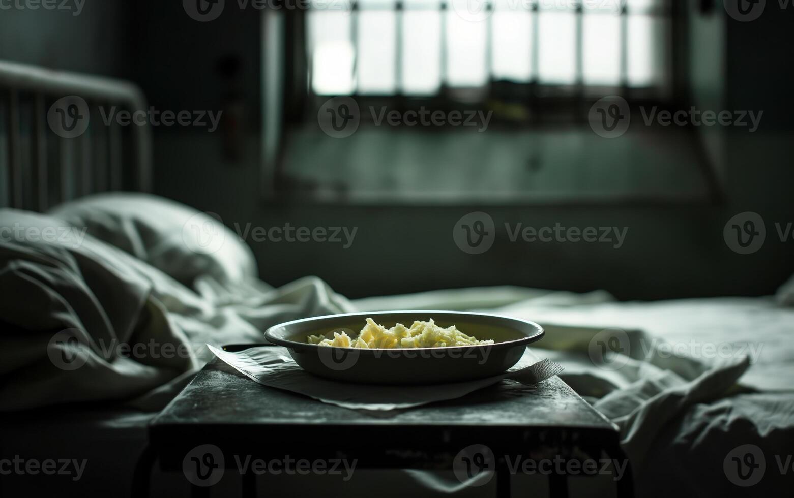 Prison food tray waiting on metal bed frame photo