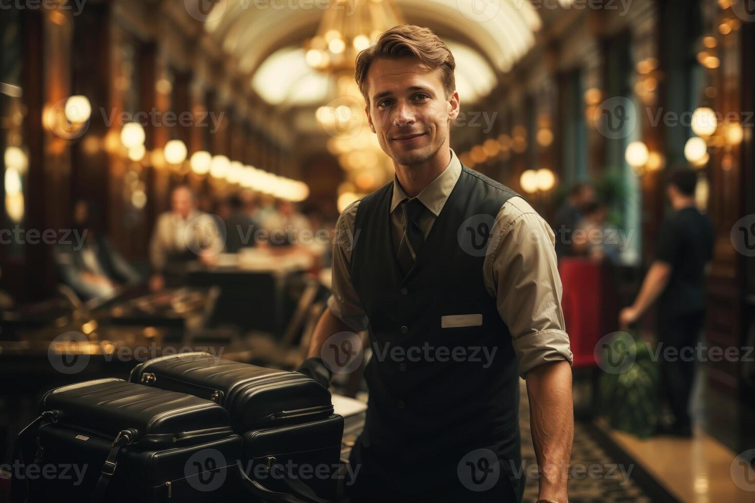 Professional hotel concierge in elegant lobby photo