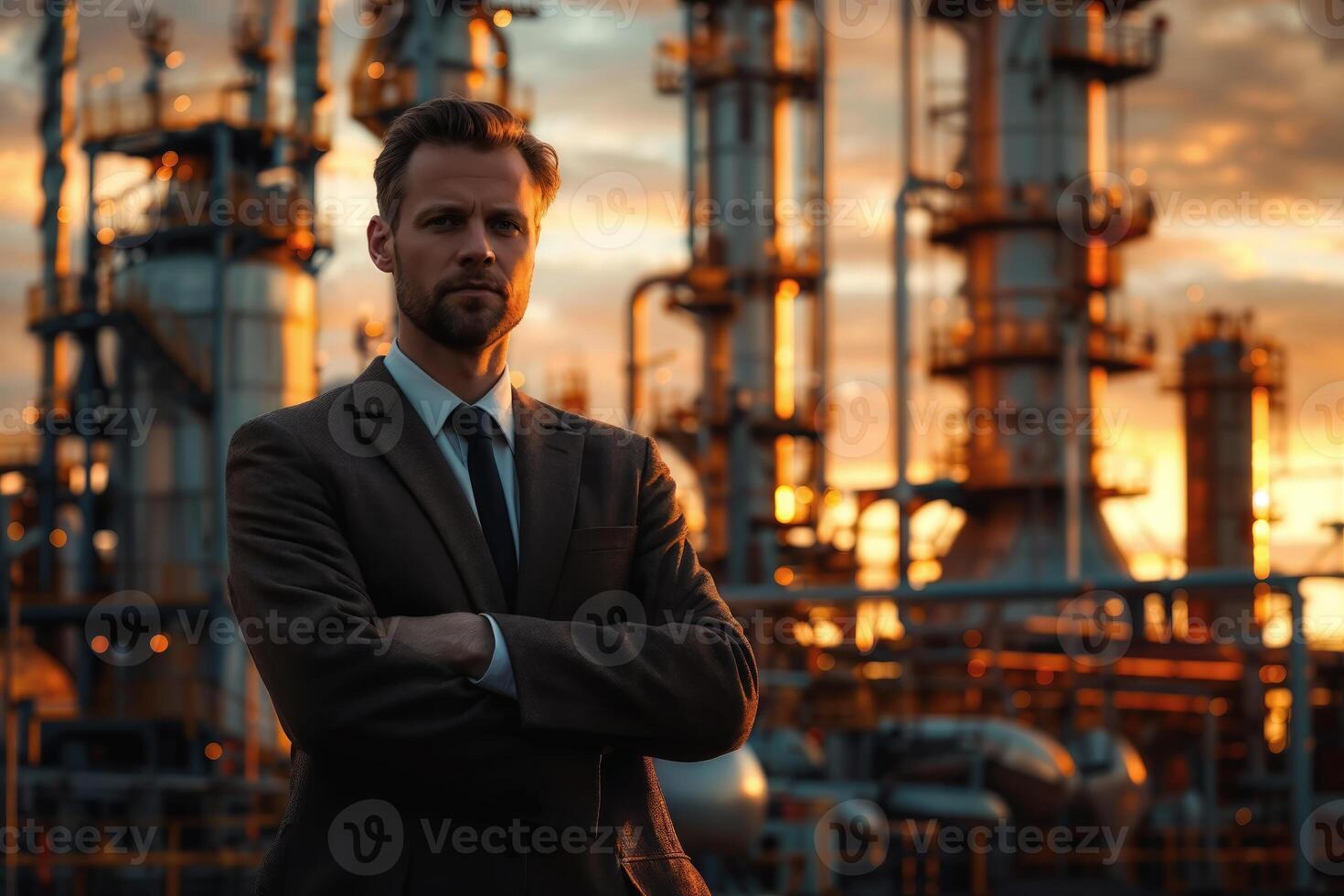 Confident businessman at industrial site at sunset photo