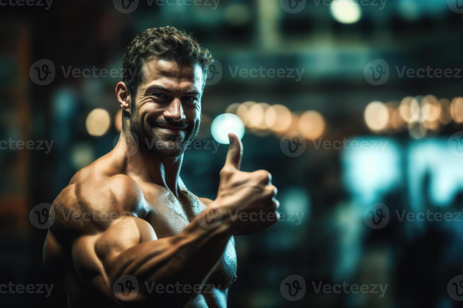 Confident bodybuilder giving thumbs up at gym photo