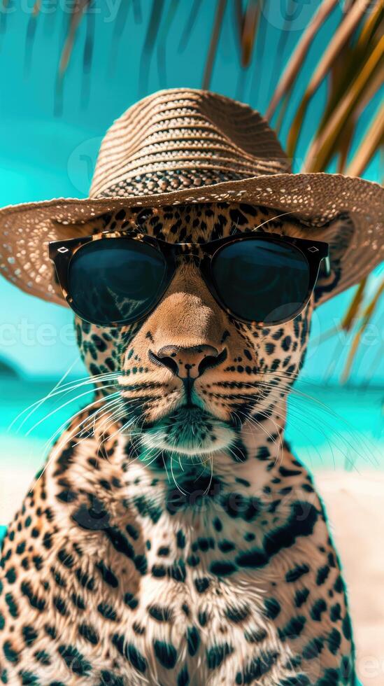 leopard in sunglasses and hat on the beach near the sea, looking at the camera. summer vacation by the sea photo
