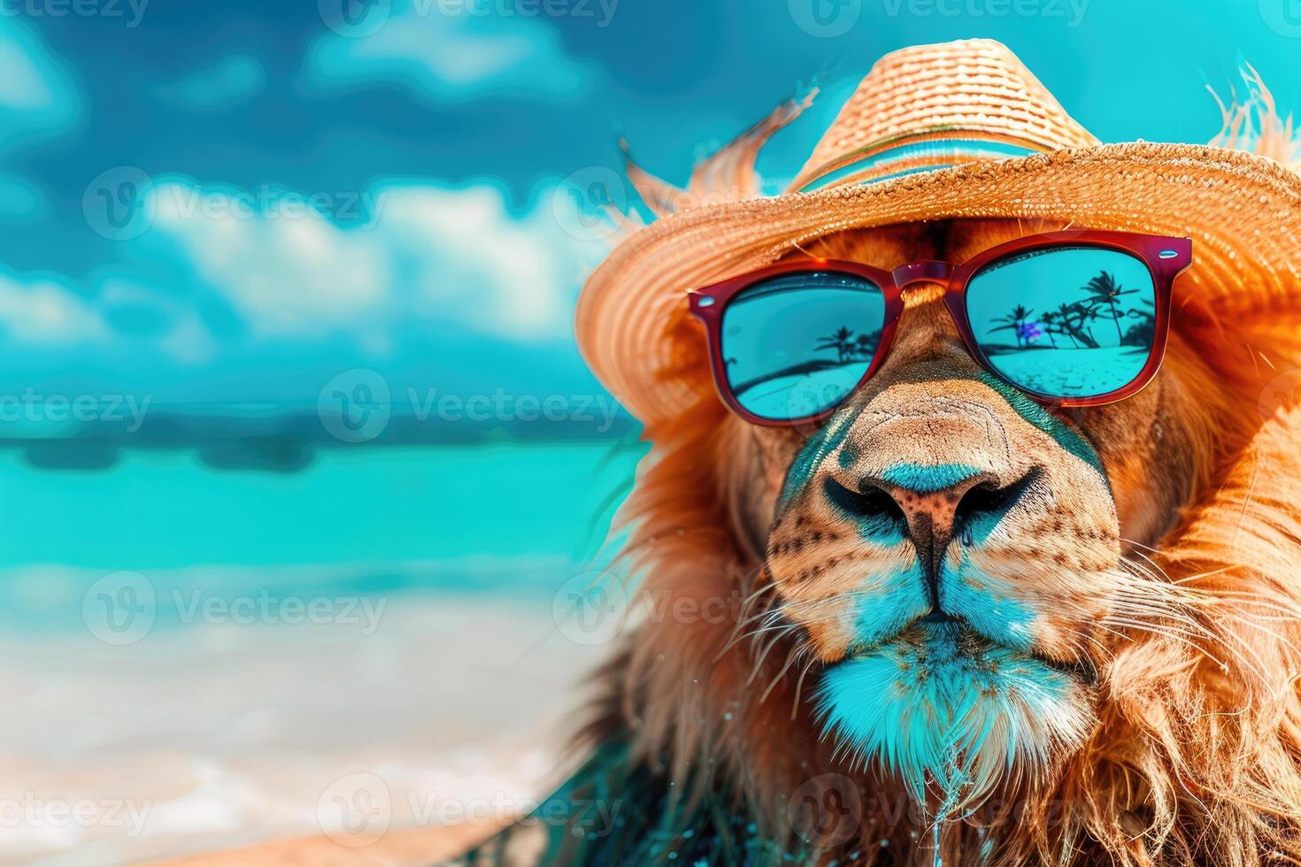 lion in sunglasses and hat on the beach near the sea, looking at the camera. summer vacation by the sea with copy space photo