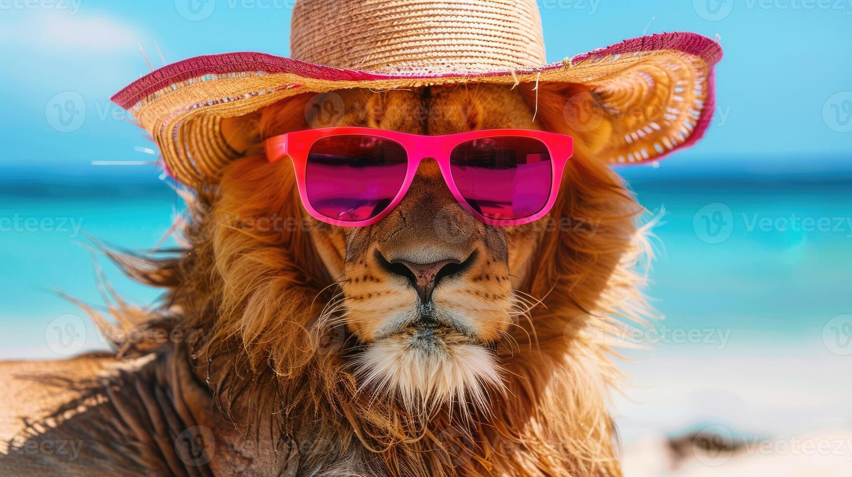 lion in sunglasses and hat on the beach near the sea, looking at the camera. summer vacation by the sea photo