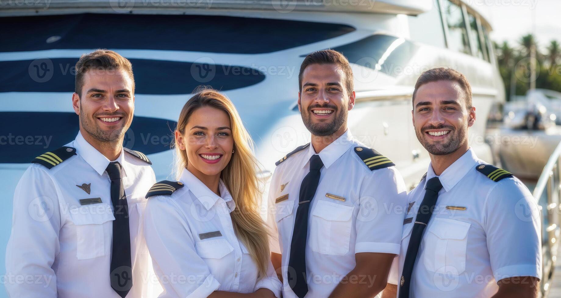 Confident crew posing in front of luxury yacht photo