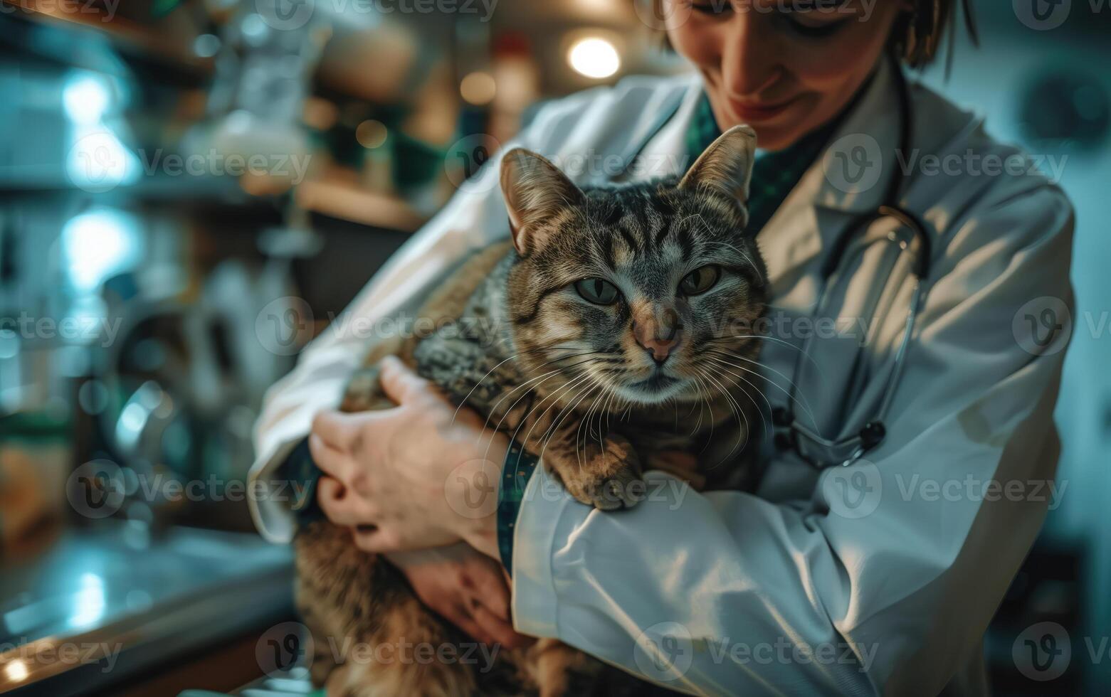 Professional vet in a lab coat gently cradles a tabby cat during a checkup 46306485 Stock Photo at Vecteezy