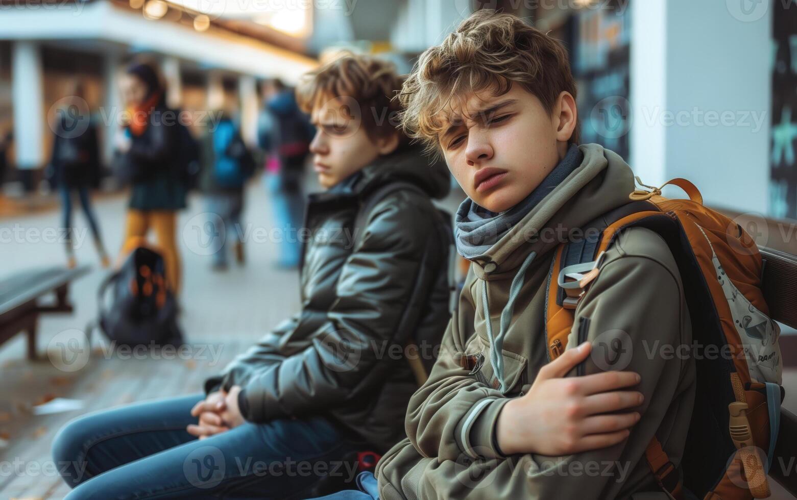 Teenage friends in contemplation at a bus stop photo