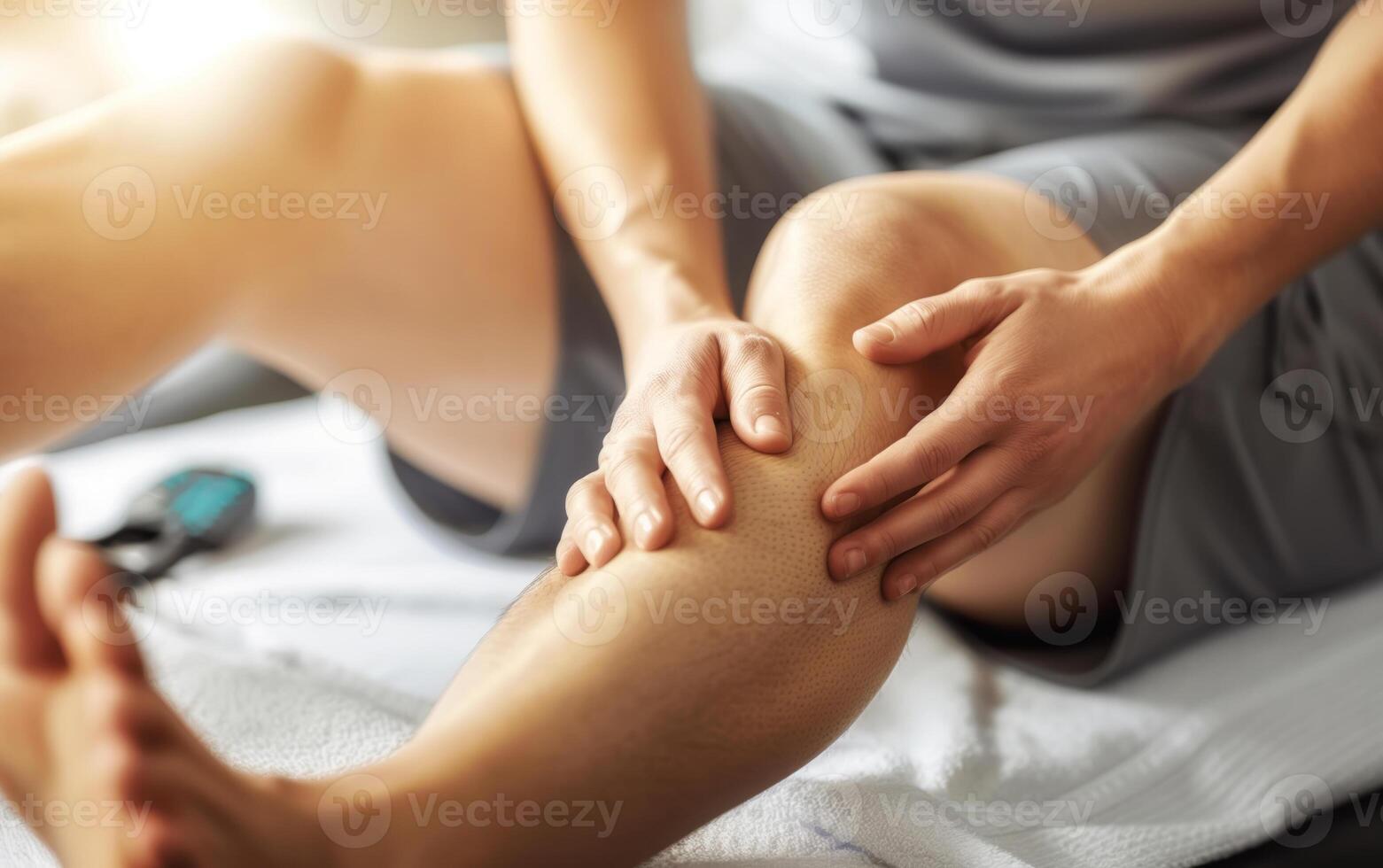 Closeup of a person's hands applying pressure to their sore knee, indicating pain or injury photo
