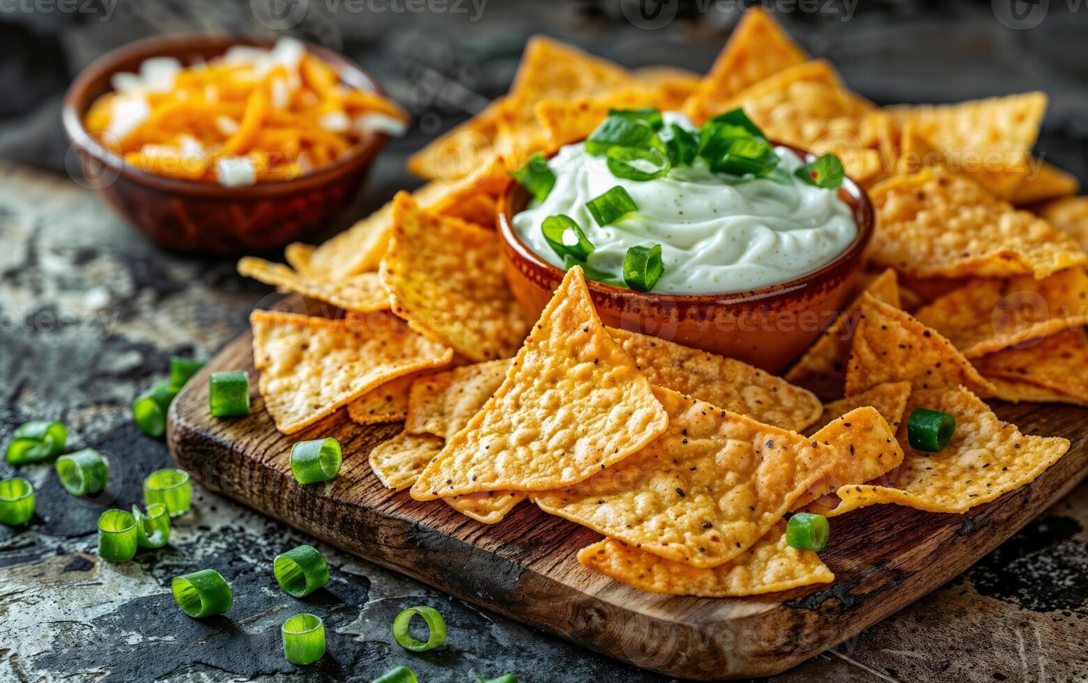 Tasty tortilla chips served with a fresh sour cream and onion dip garnished with green onions photo