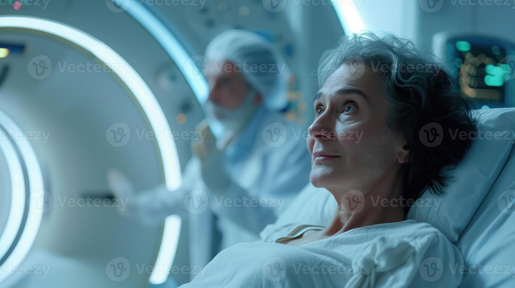 Patient undergoing a ct scan with radiologist operating machine photo