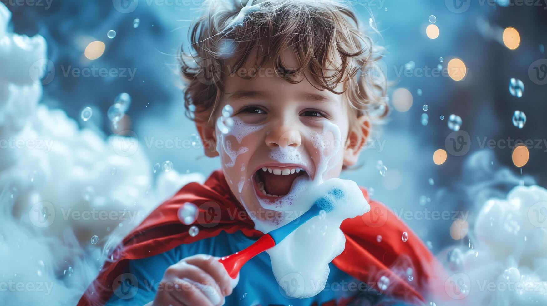Joyful child playing with bubbles in bathtime bliss photo