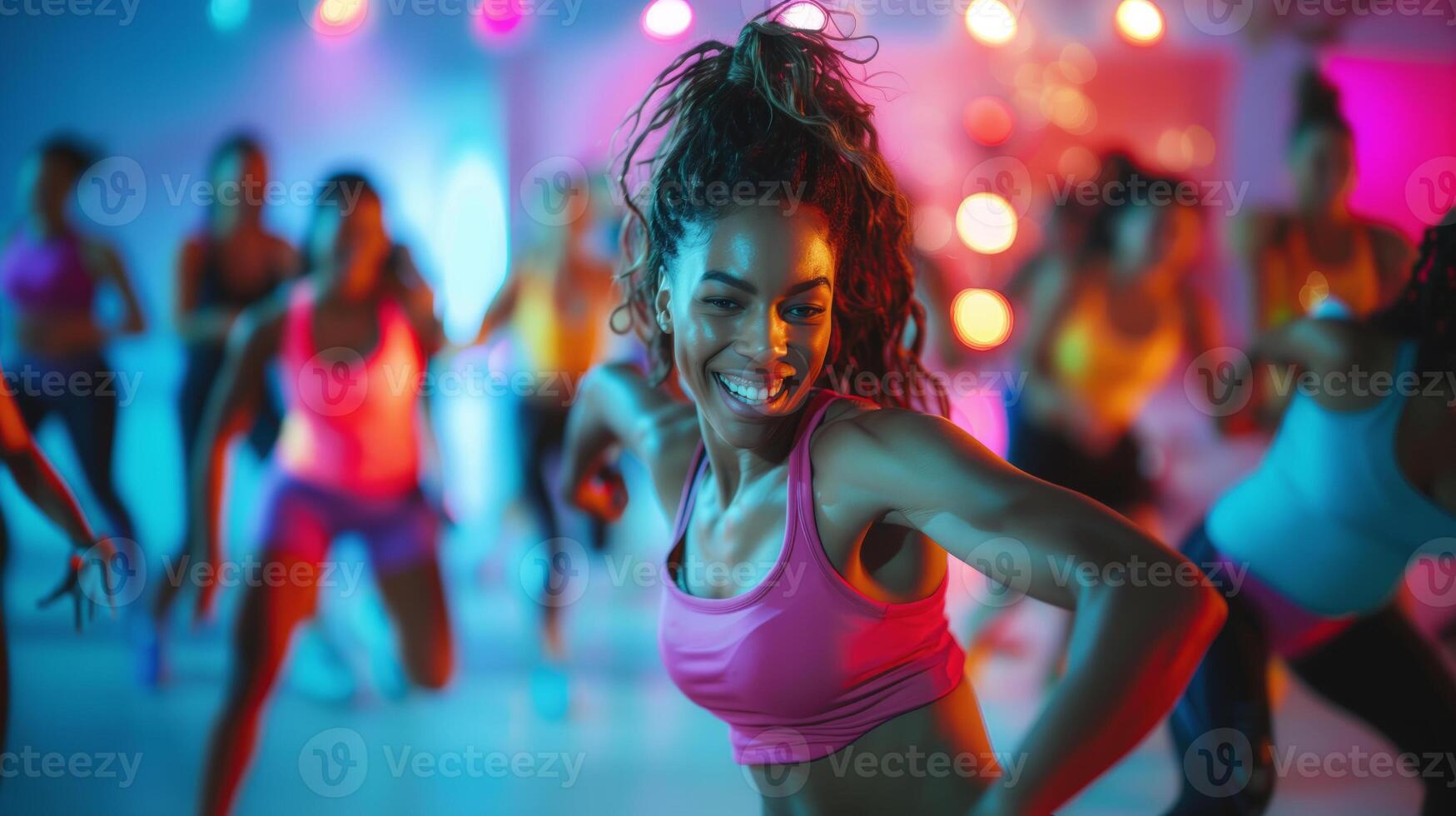 Energetic dance workout in vibrant fitness studio photo
