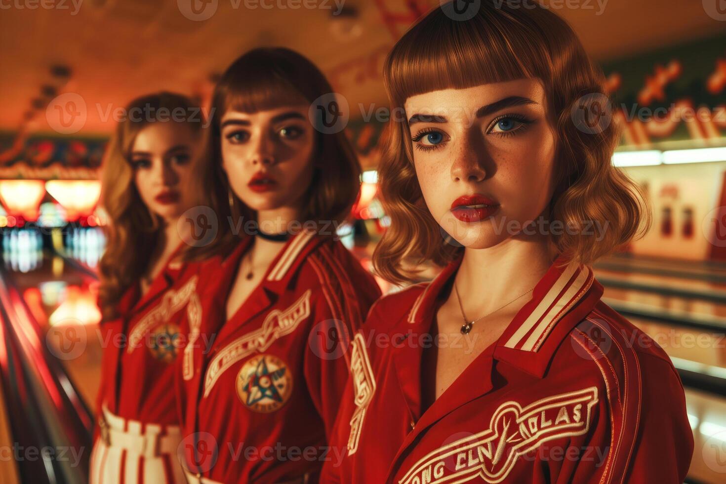 Retro bowling team girls in vintage outfits photo