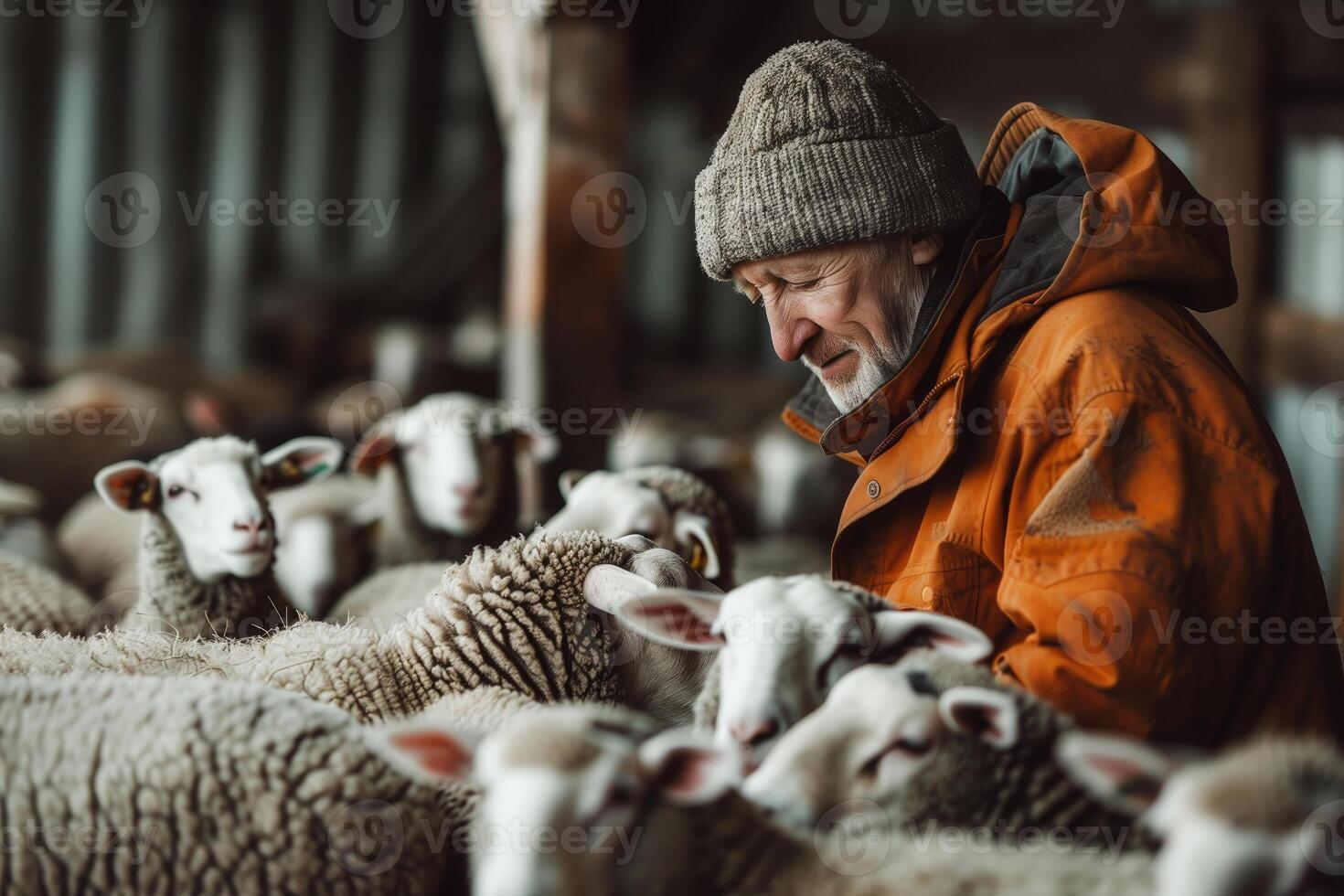 Shepherd with flock in rustic barn photo