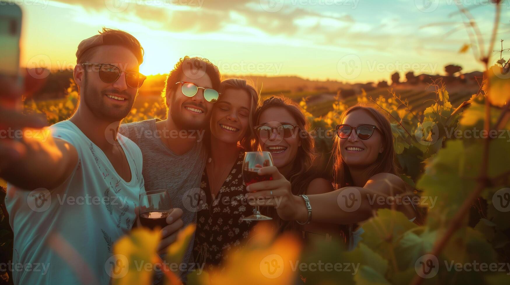 Group of happy friends taking a selfie while sipping wine in a vineyard at golden hour photo