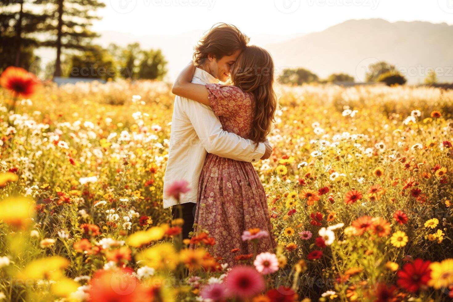 Romantic couple embracing in flower field at sunset photo