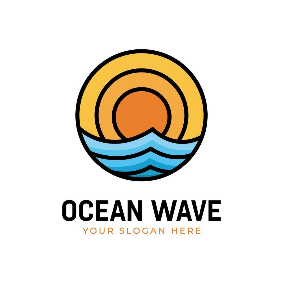 logo of waves and shining sun in a circle frame with minimalist design style vector