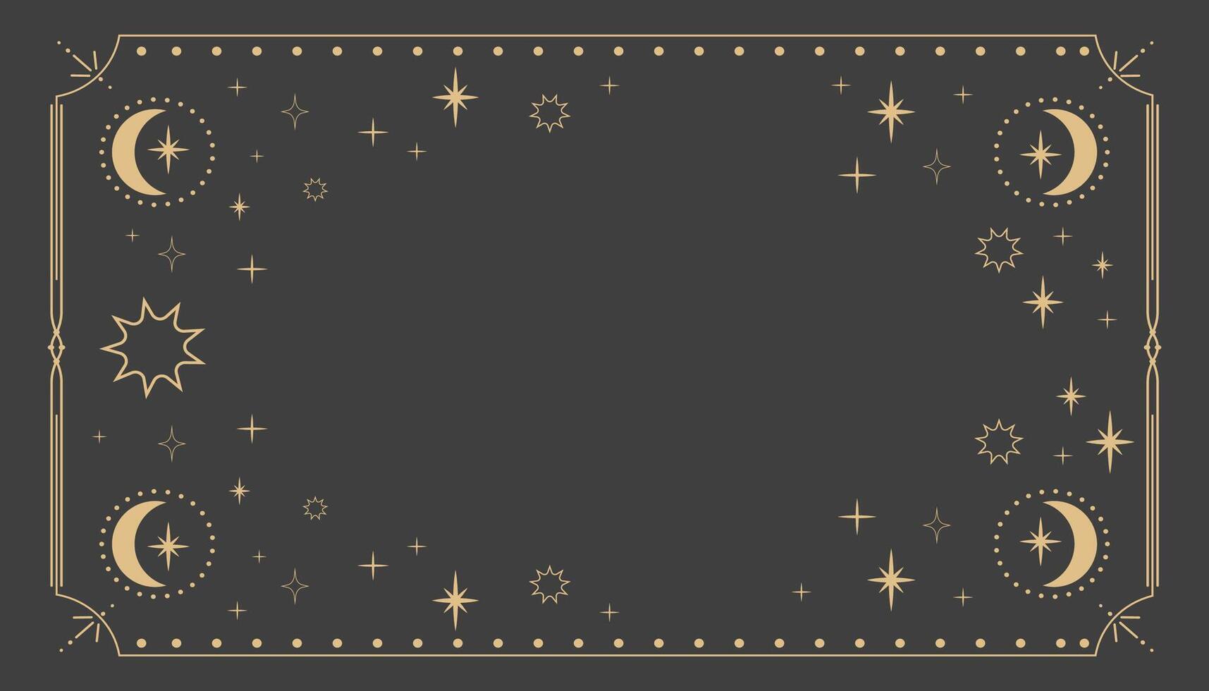 Golden celestial minimal esoteric frame, thin line border, mystyc linear decoration with dots, moon, stars corners isolated on dark background. Geometric shape, tarrot vector