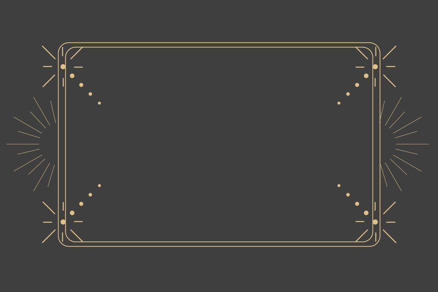 Golden celestial minimal esoteric frame, thin line border, mystyc linear decoration with dots, moon, stars corners isolated on dark background. Geometric shape, tarrot vector