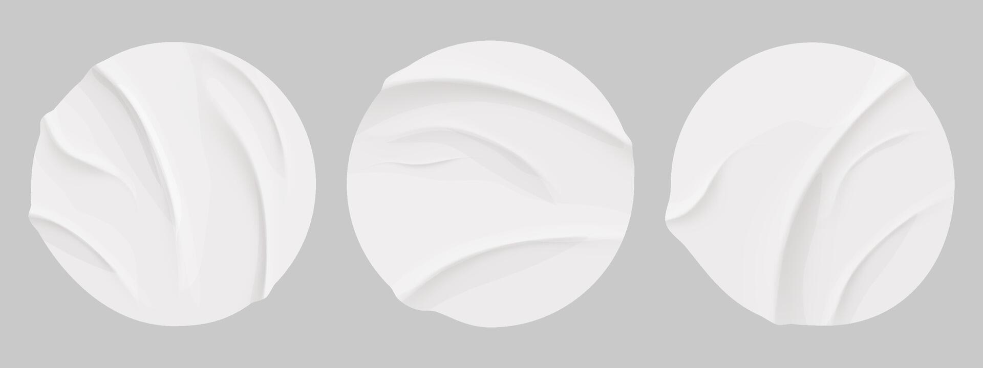 Glued circle paper wrinkled effect sticker, empty frame, badge mockup isolated. Set round tags textured patches. Crumpled poster, label vector