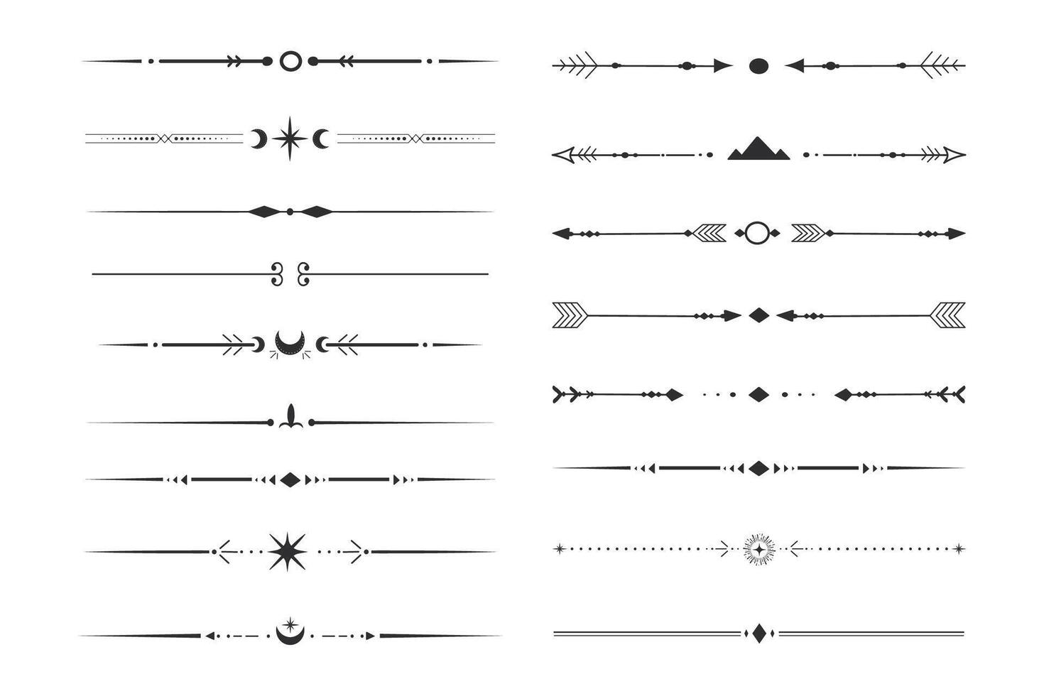 Set tribal ethnic arrow dividers, native indian bow boho in doodle style isolated on white background. Collection borders, decoration elements vector