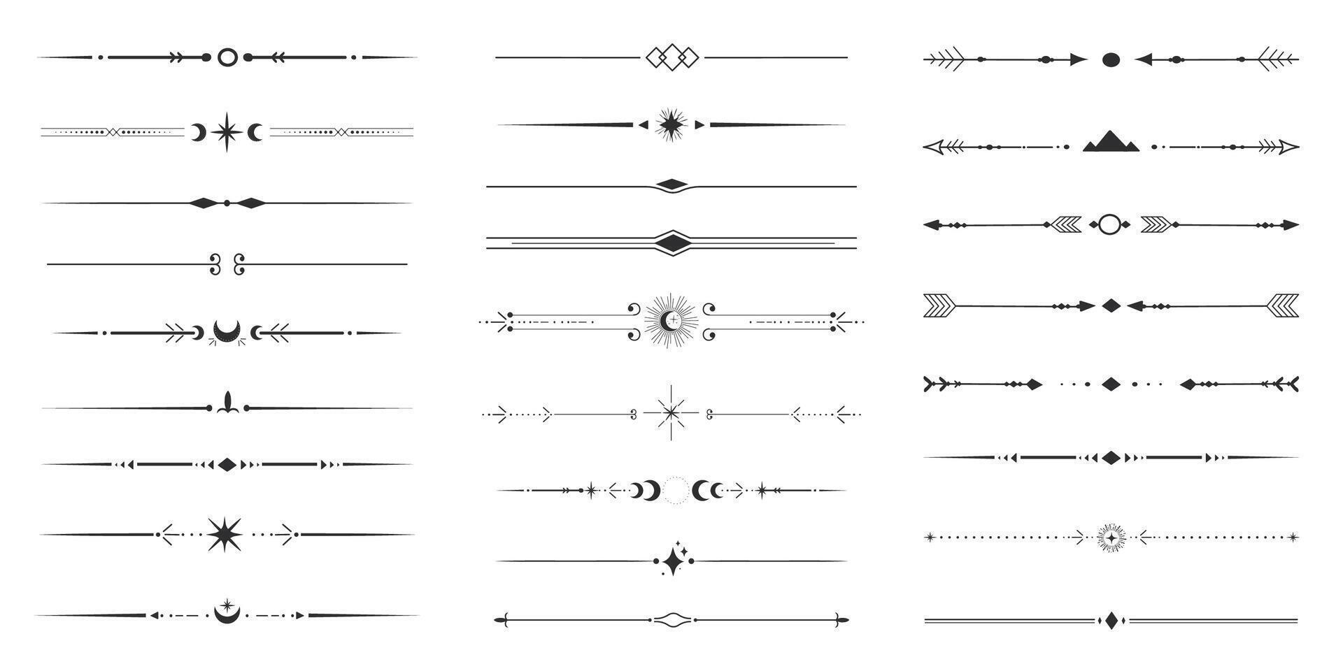 Set tribal ethnic arrow dividers, native indian bow boho in doodle style isolated on white background. Collection borders, decoration elements vector