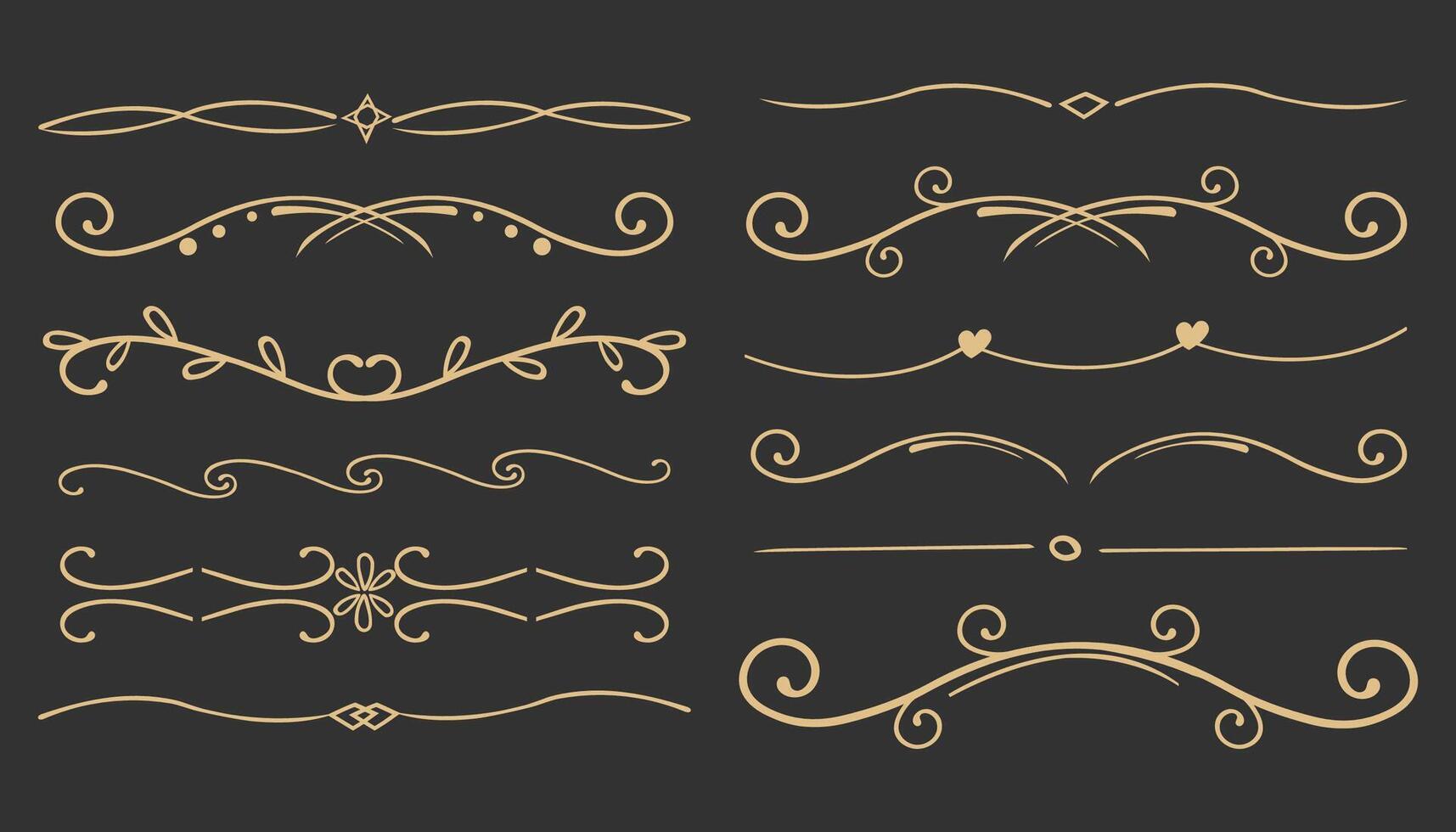 Elegant gold divider thin line classic deco border separator collection isolated on dark background. Florish arnament, embelish. vector