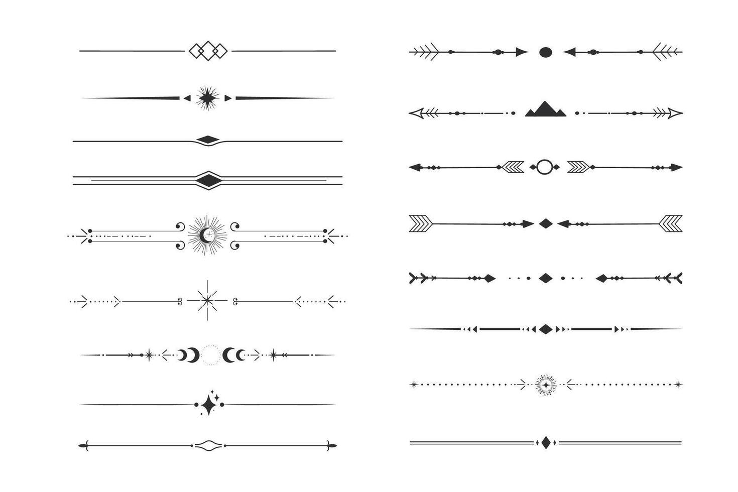 Set tribal ethnic arrow dividers, native indian bow boho in doodle style isolated on white background. Collection borders, decoration elements vector