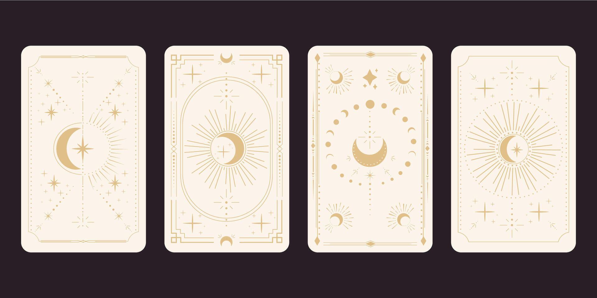 Tarot reverce border card frame gold line border celelstial mystery esoteric decoration with stars and moon. Magic sacred cover vector