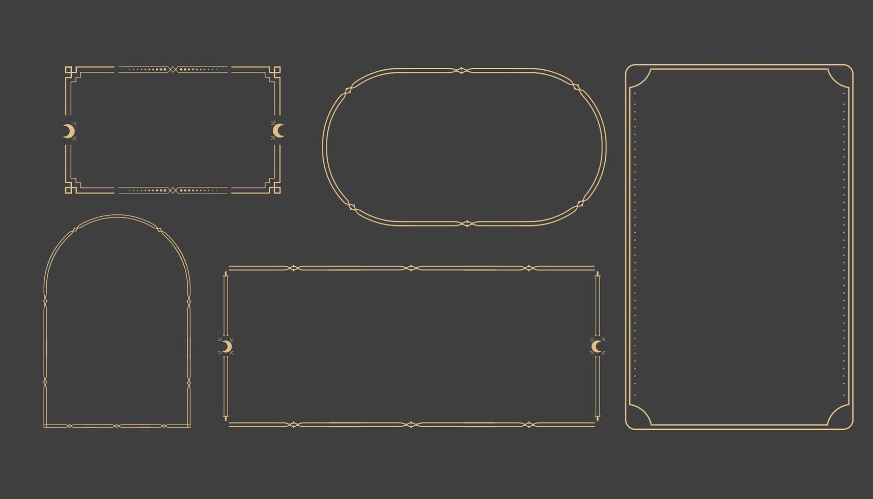 Golden celestial minimal esoteric frame, thin line border, mystyc linear decoration with dots, moon, stars corners isolated on dark background. Geometric shape, tarrot vector