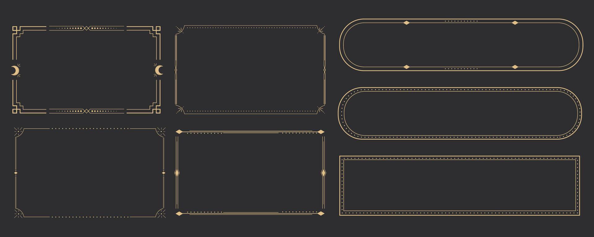 Line golden frame, celestiam minimal esoteric border, mystyc linear decoration with dots, corners isolated on dark background. Geometric shape, tarrot vector