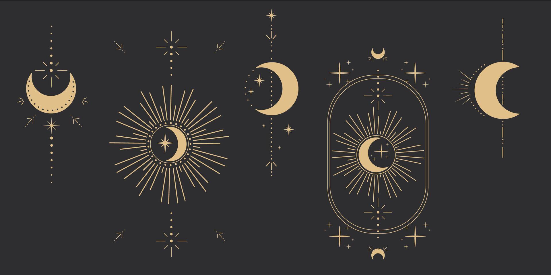 Set gold moon celestial tattoo or tarot astrology magic element with rays, stars, burst minimal line border or decoration isolated on dark background. Space symbols, emblem. vector