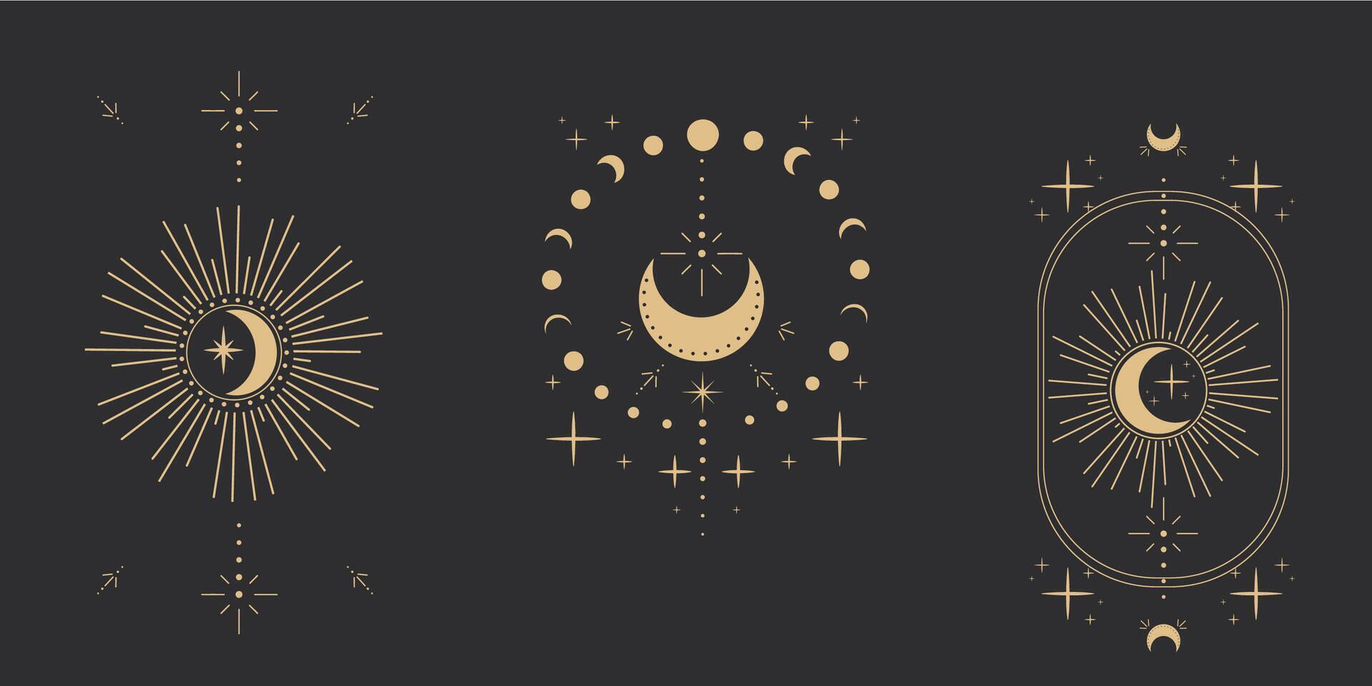 Set gold moon celestial tattoo or tarot astrology magic element with rays, stars, burst minimal line border or decoration isolated on dark background. Space symbols, emblem. vector