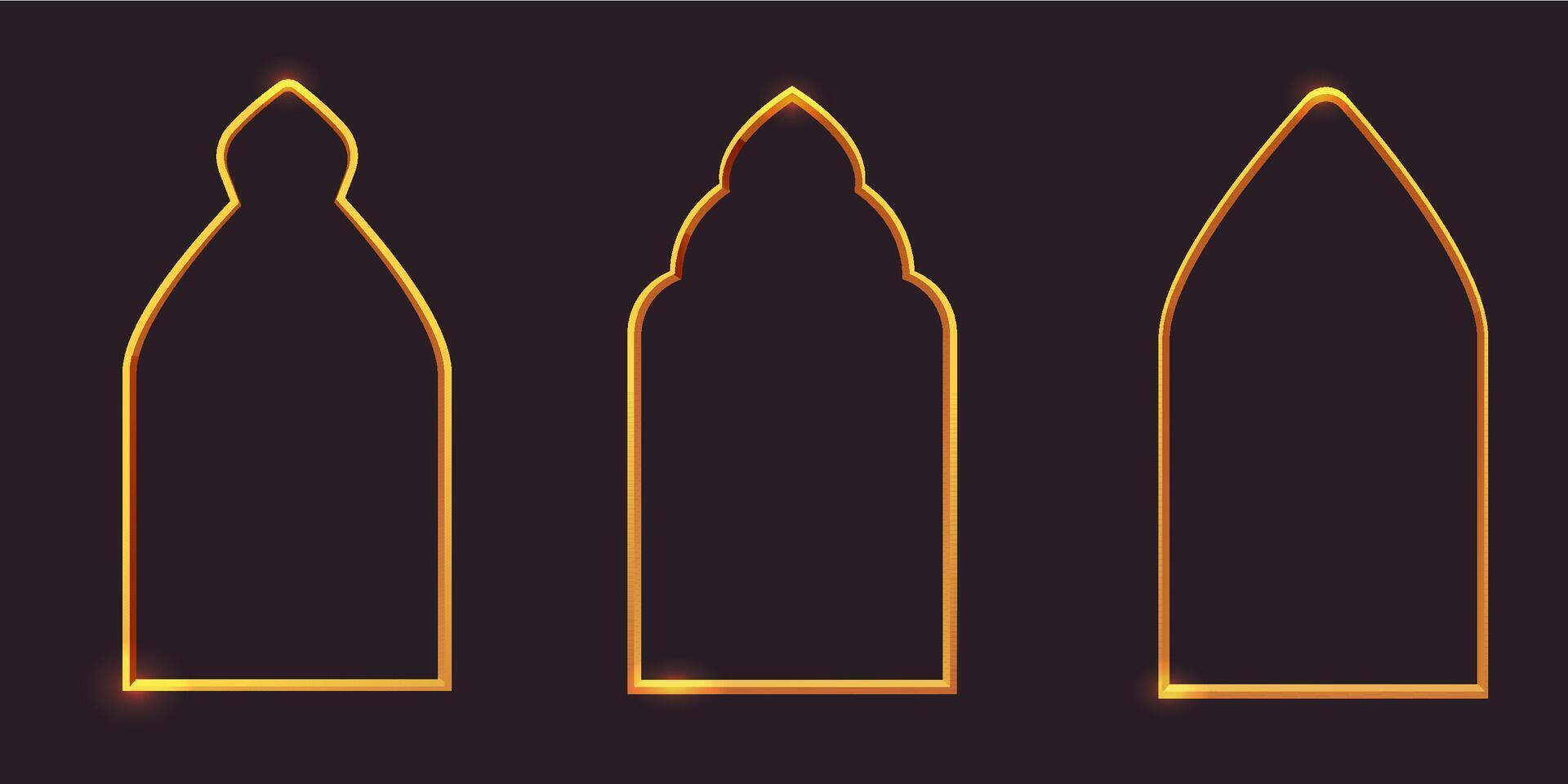 Gold arch thin line border, arab door window minimal frame on dark background. Modern golden elegant decotation. vector