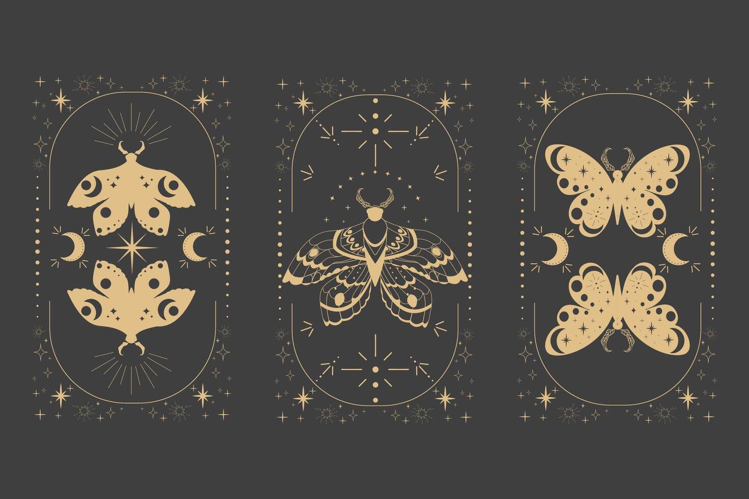 Magic sacred decoration cover, esoteric frame tattoo gold line border celelstial mystery esoteric decoration with moth or butterfly, sun, stars and moon on dark background. vector