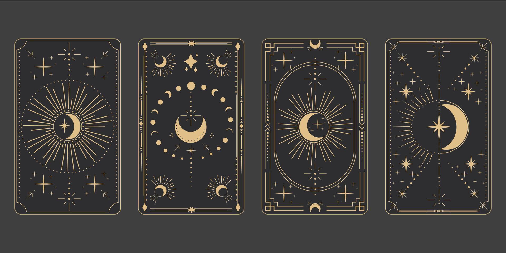 Set tarot frame border with golden celestial elements, esoteric astrology mystery ornament with moon, star isolated on dark background. vector