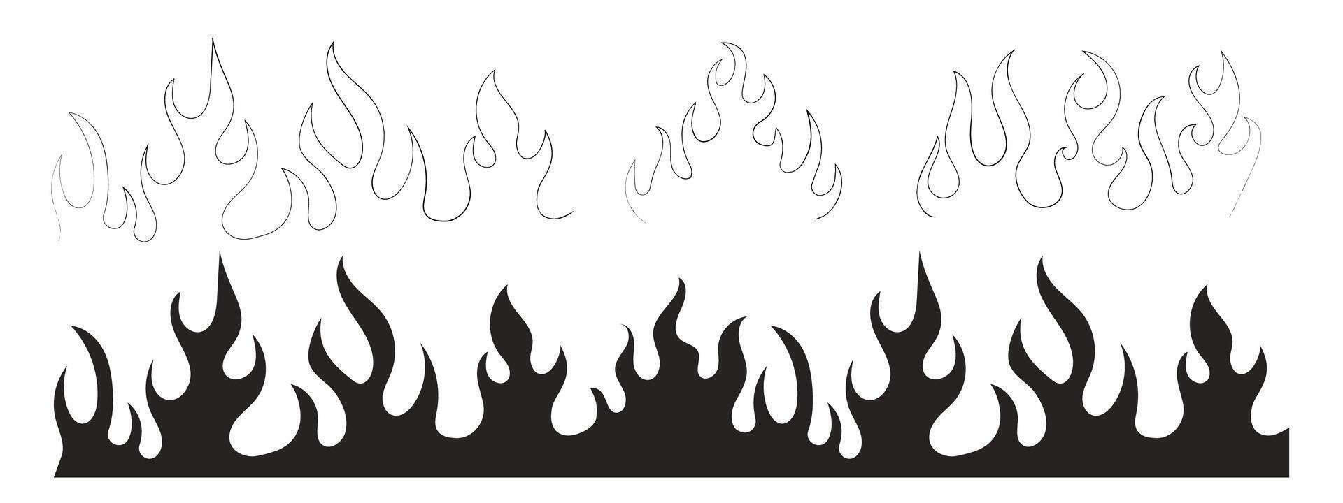 Flame neo tribal tattoo y2k hot print line and silhouette retro ornament collection. Fire set design elements isolated on white vector