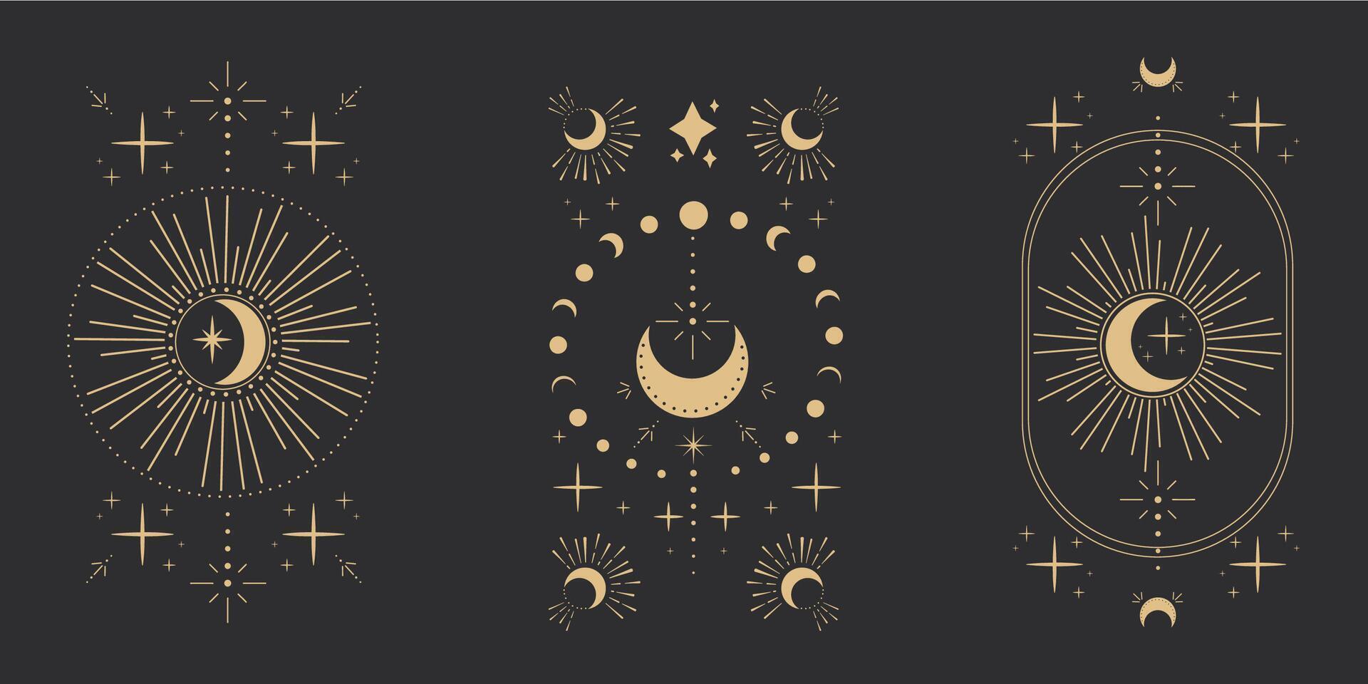 Set gold moon celestial tattoo or tarot astrology magic element with rays, stars, burst minimal line border or decoration isolated on dark background. Space symbols, emblem. vector