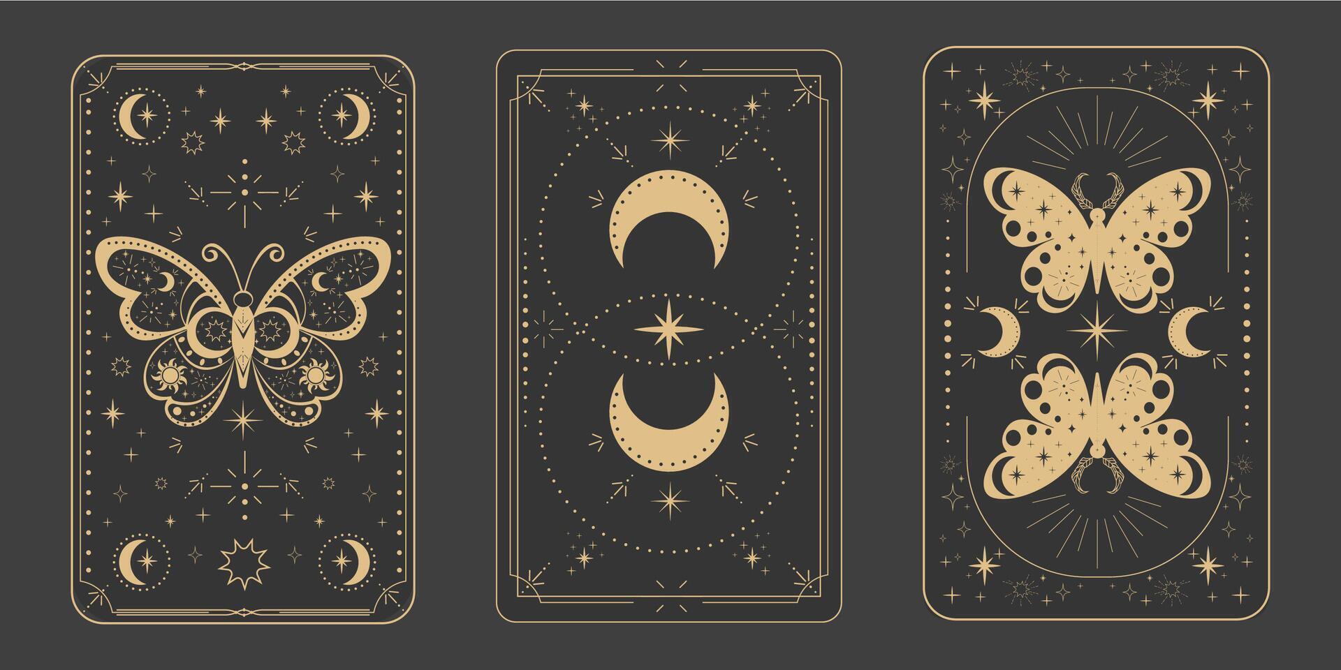 Tarot reverce border magic sacred cover card frame gold line border celelstial mystery esoteric decoration with moth stars and moon on dark background. vector