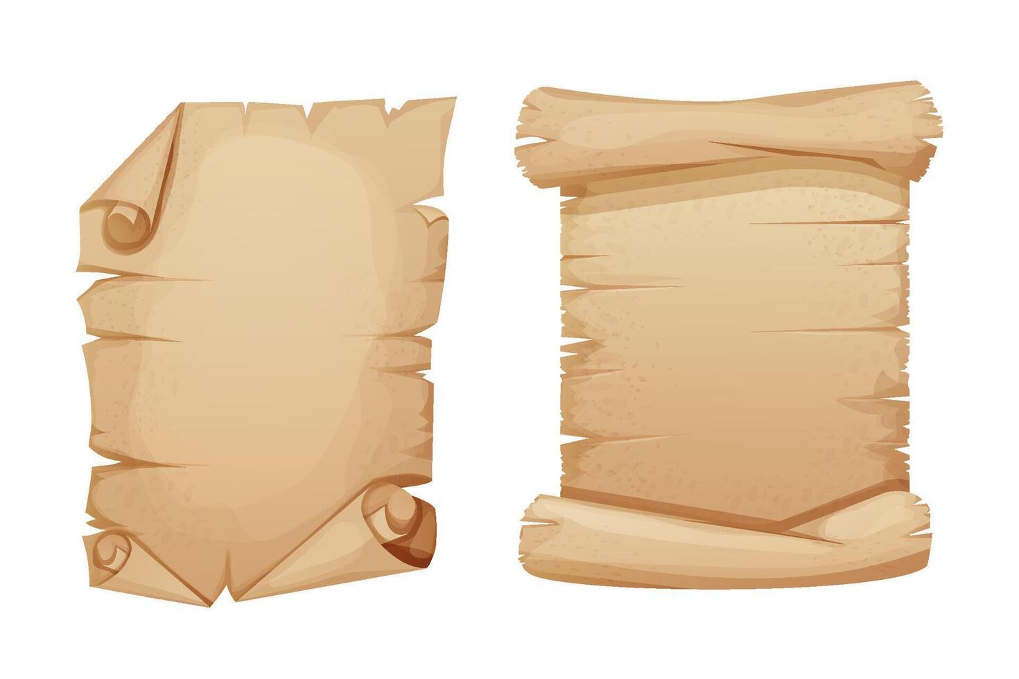 Old parchment paper scrolls, page, aged sheet surface, map, book blank isolated in white backgrund. History ancient document. vector