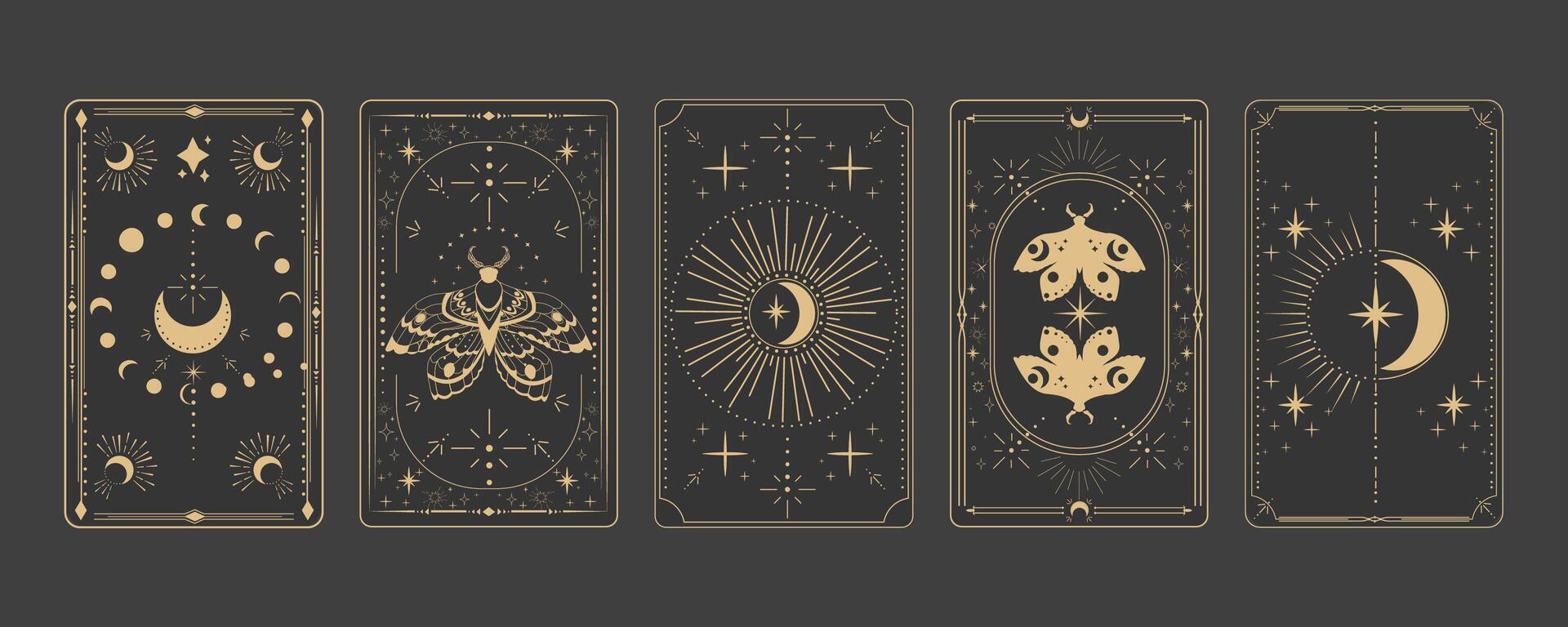 Tarot reverce border magic sacred cover card frame gold line border celelstial mystery esoteric decoration with moth stars and moon on dark background. vector
