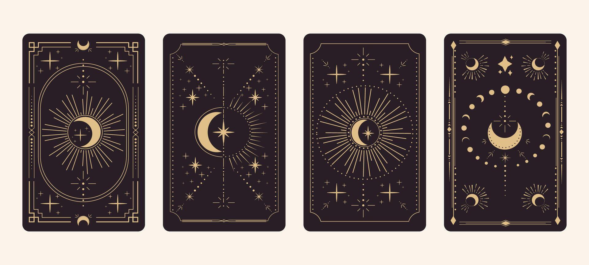 Set tarot reverce border card frame gold line border celelstial mystery esoteric decoration with stars and moon. Magic sacred cover vector