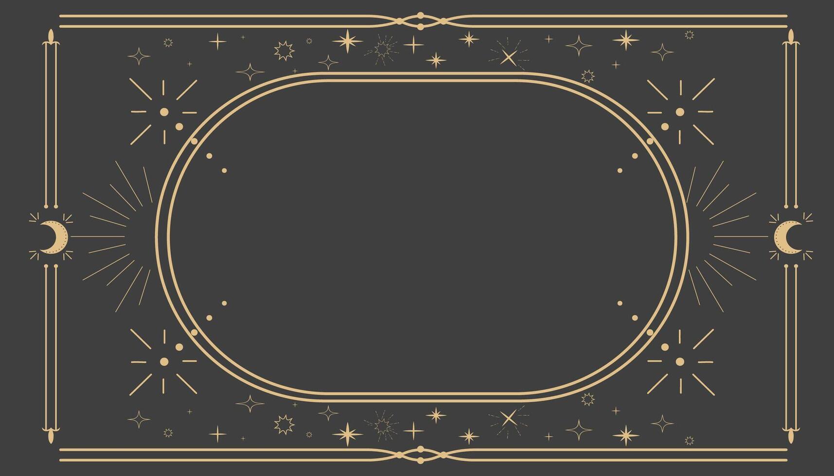 Golden celestial minimal esoteric frame, thin line border, mystyc linear decoration with dots, moon, stars corners isolated on dark background. Geometric shape, tarrot vector
