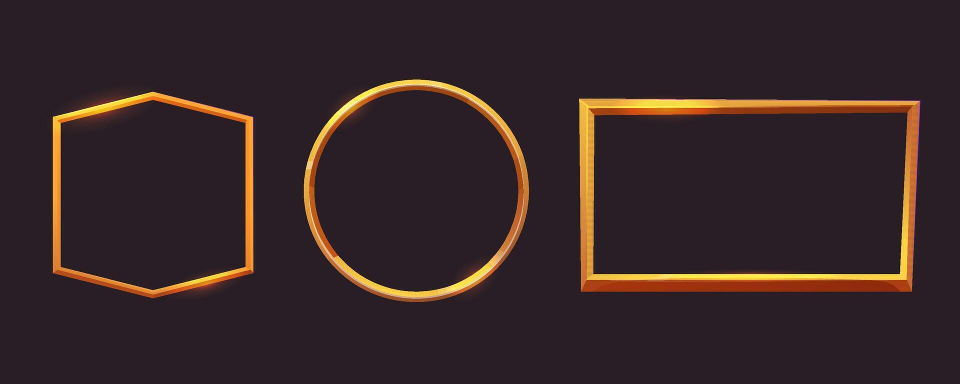 Golden frame game medieval menu, user interface shiny border. Empty borders in medieval style, fantasy decoration different shapes isolated on dark background. vector