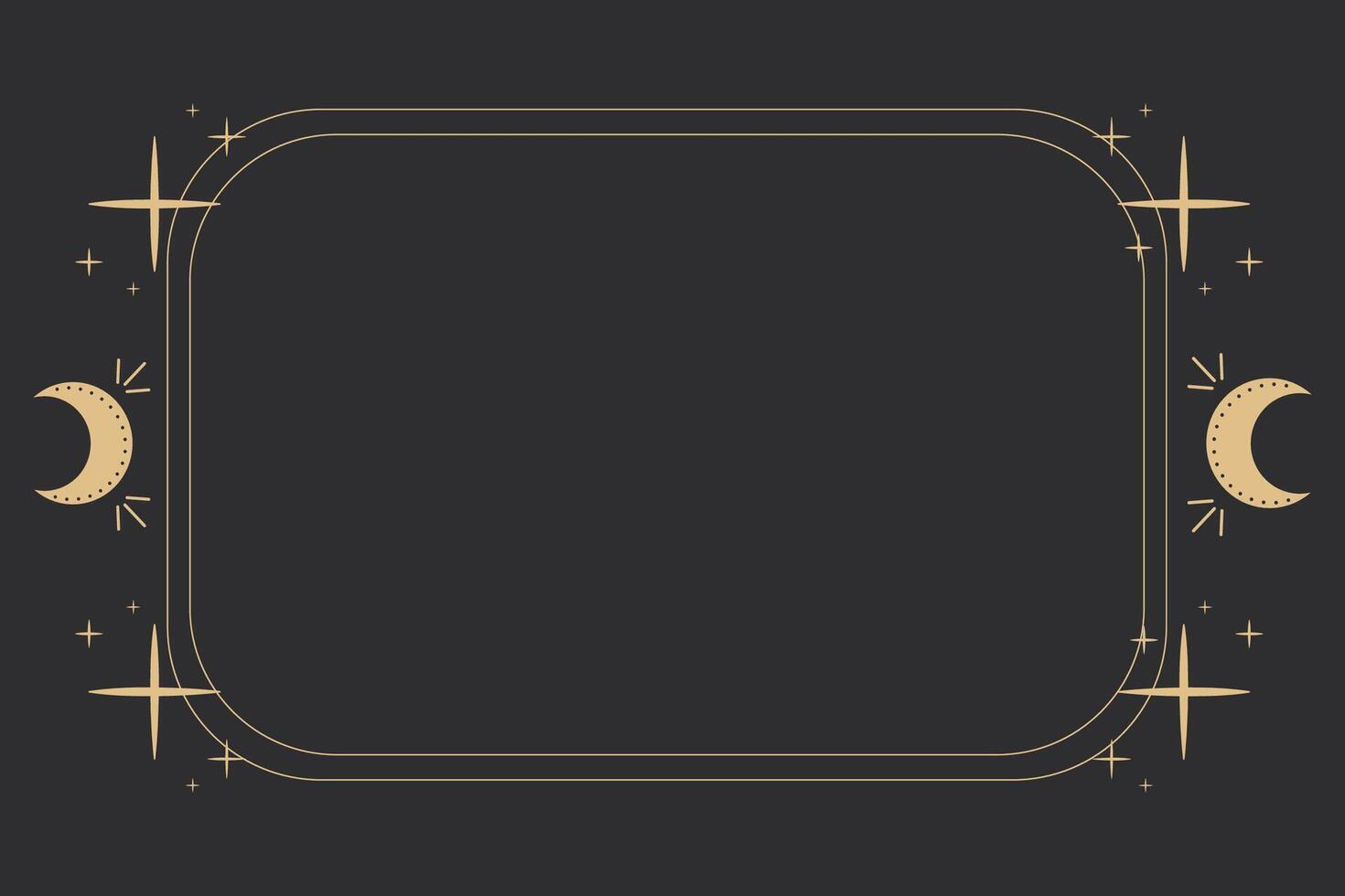 Line golden frame, celestial moon minimal esoteric border, mystyc linear decoration with dots, corners isolated on dark background. Geometric shape, tarrot vector