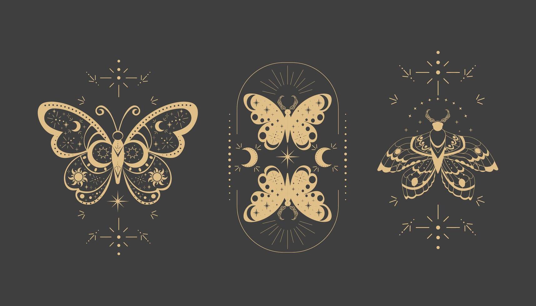 Magic sacred decoration cover, esoteric frame tattoo gold line border celelstial mystery esoteric decoration with moth or butterfly, sun, stars and moon on dark background. vector