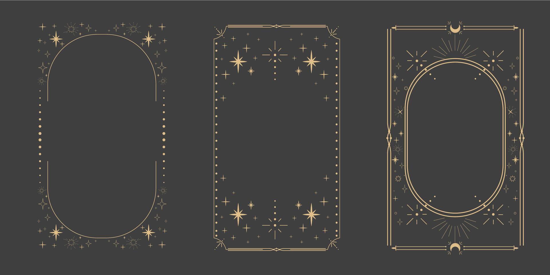 Golden celestial minimal esoteric frame, thin line border, mystyc linear decoration with dots, moon, stars corners isolated on dark background. Geometric shape, tarrot vector