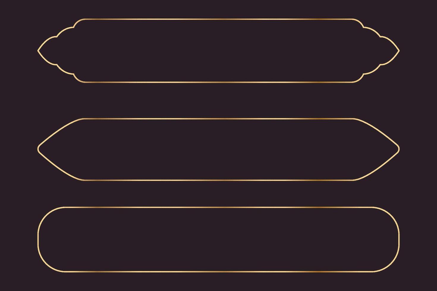 Set long frame thin line gold border shiny panel empty interface fantasy game menu isolated on dark background. Elegant medieval metal design. vector
