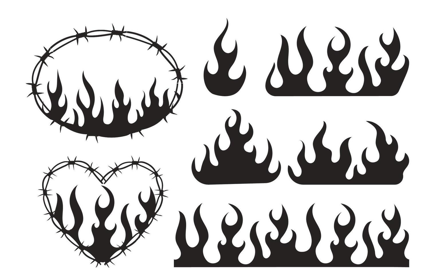 Set Wire Barb heart, oval frame y2k tattoo border, flame silhouette gothic spiky punk print neo tribal isolated on white background. Barbwire emo boundary heart shape. vector