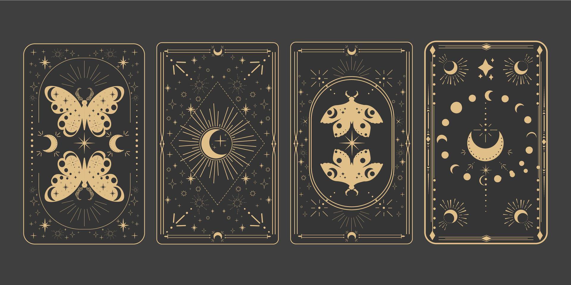 Tarot reverce border magic sacred cover card frame gold line border celelstial mystery esoteric decoration with moth stars and moon on dark background. vector