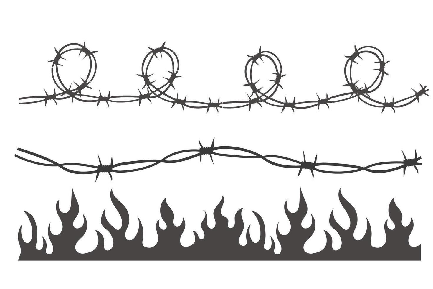 Set Wire Barb heart, y2k tattoo border, flame silhouette gothic spiky punk print pattern neo tribal isolated on white background. Barbwire emo boundary vector